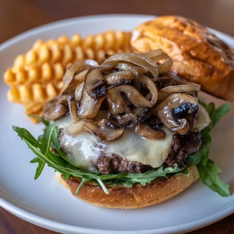 That Mushroom Swiss Burger showcases perfectly grilled beef, sautéed mushrooms, and crisp waffle fries, served hot.