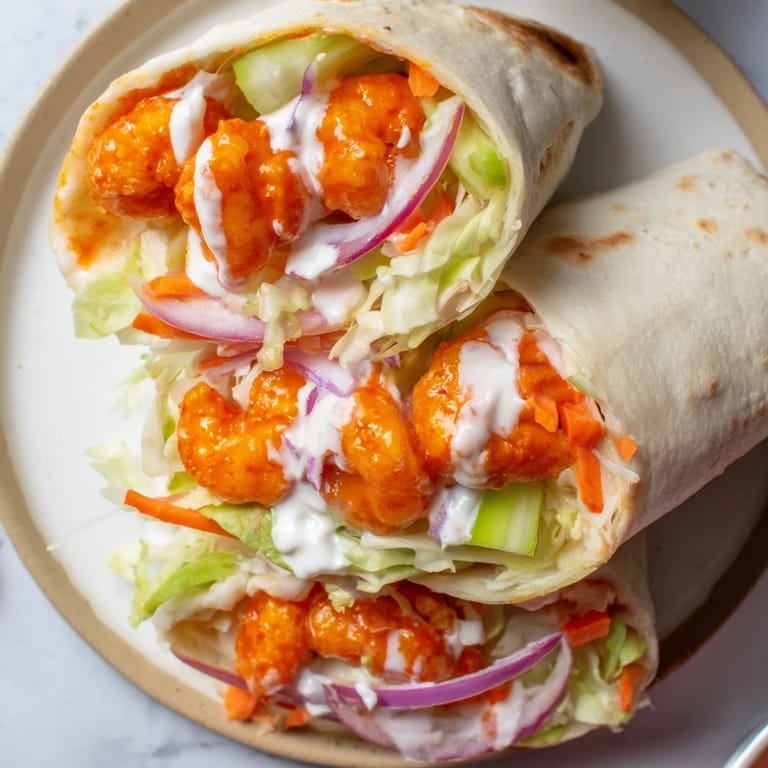 Freshly made buffalo shrimp wraps, featuring juicy shrimp and crisp fillings for a satisfying bite!