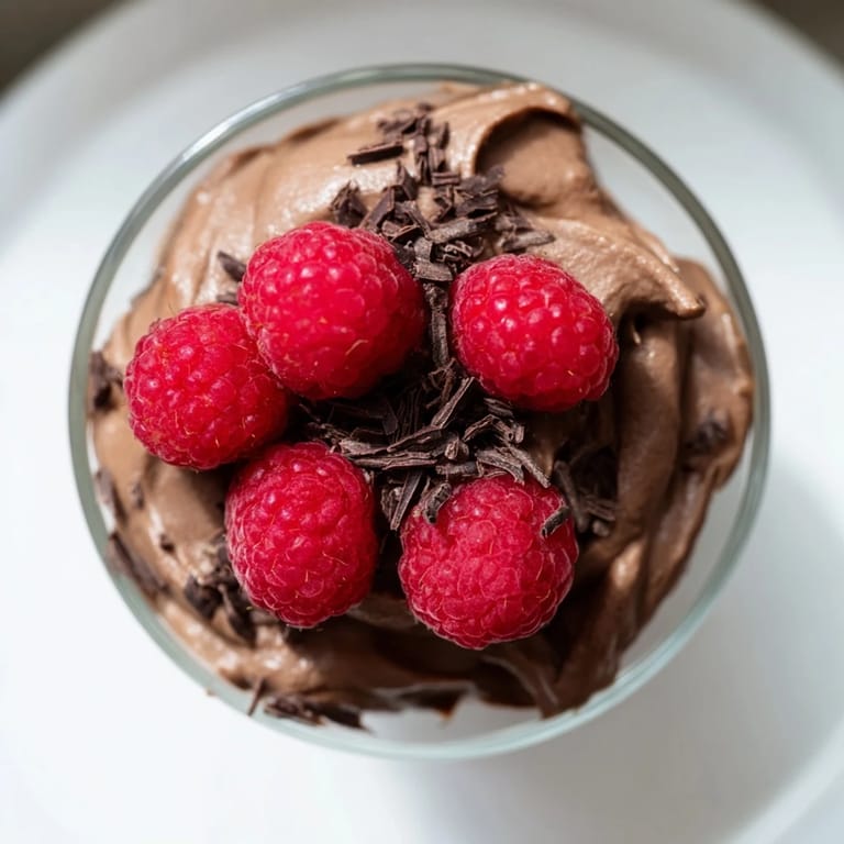 Vivid presentation of chilled Avocado Chocolate Mousse with a topping of fresh, juicy raspberries.