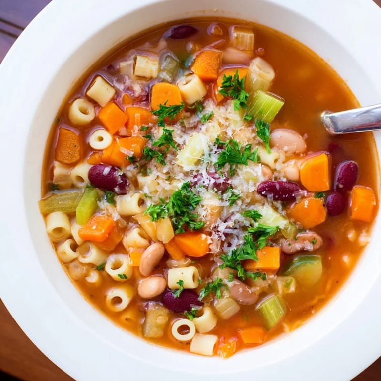 A hearty Pasta e Fagioli Soup with visible pasta shapes and vegetables in a rich, tomato-based broth.