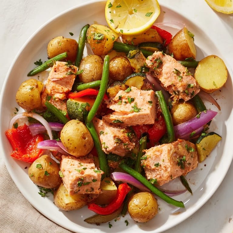 Imagine the flavors of this hearty Salmon & Potato Skillet with tender salmon and seasoned vegetables.
