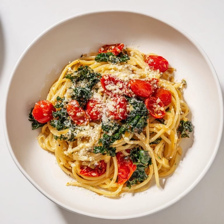 A flavorful serving of one-pot spaghetti with kale, tomatoes, and Parmesan cheese, fresh from the skillet.