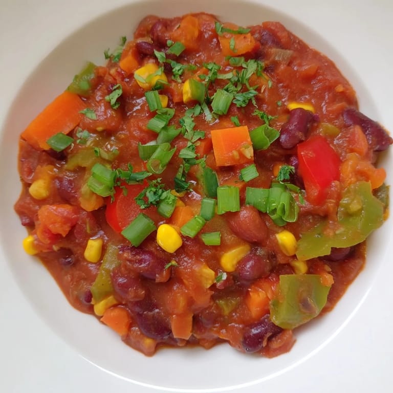 A perfect bowl of homemade veggie chili, promising warmth and flavor for a cozy dinner.
