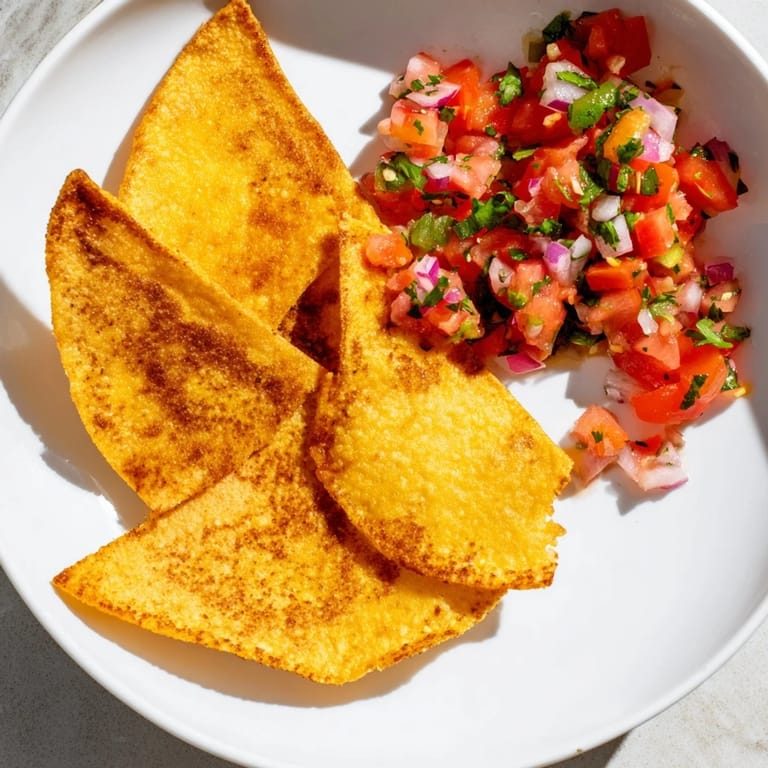 Close-up of freshly made air-fryer tortilla chips piled next to a bowl of colorful salsa.