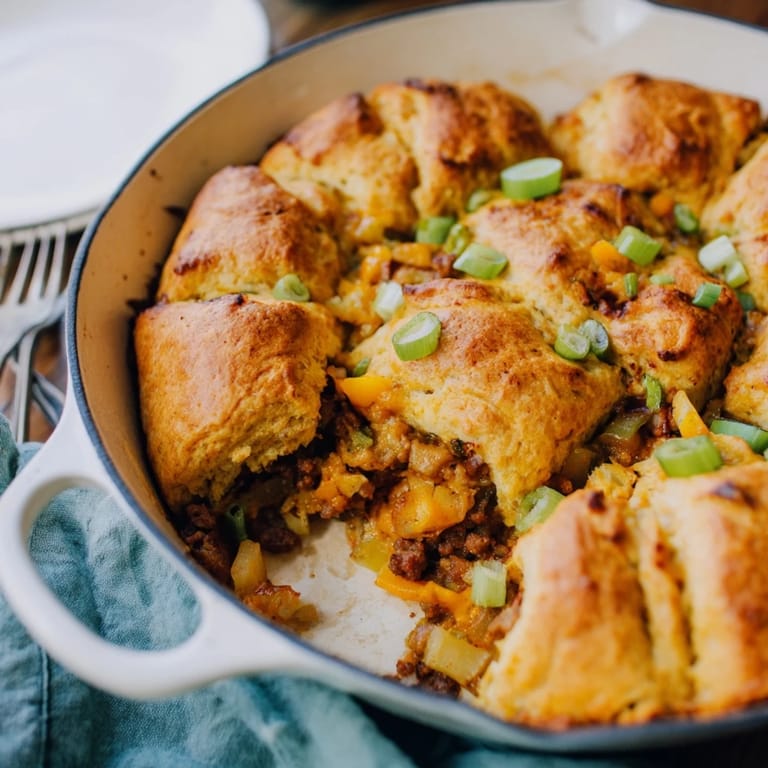 Imagine a rustic skillet showcasing a fluffy Savory Apple, Sausage, and Cheddar Scone, fresh from the oven.