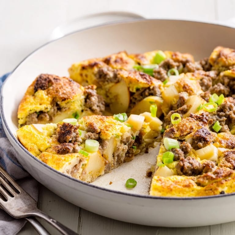 Warm, appetizing Savory Apple, Sausage, and Cheddar Scone Skillet: the image showing crispy edges and melted cheese.