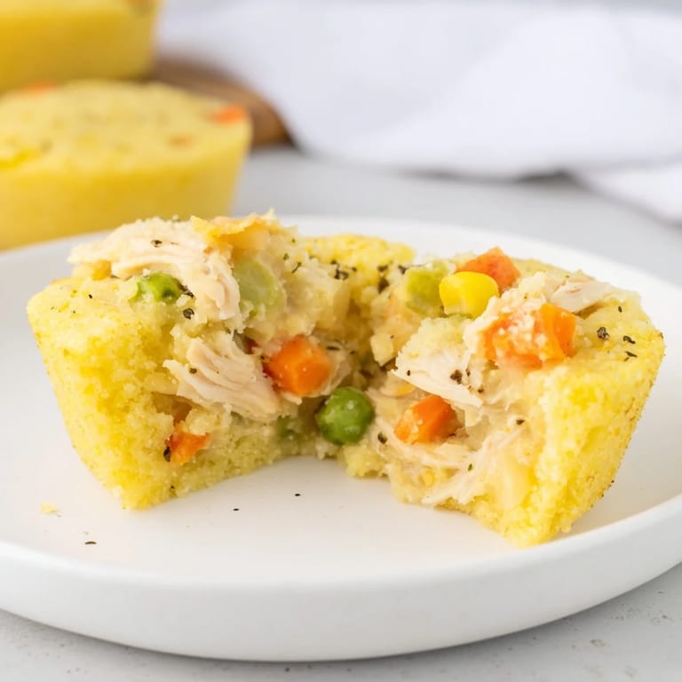 Miniature Chicken Pot Pie Cornbread Muffins with a fluffy cornbread exterior and hearty filling.