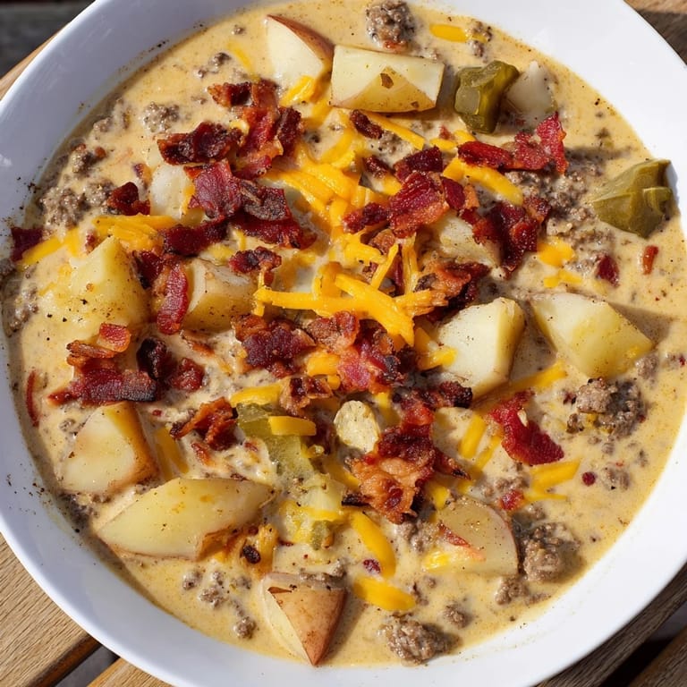 A hearty bowl of Crockpot Cheeseburger Soup, garnished with crispy bacon and fresh tomato for serving.
