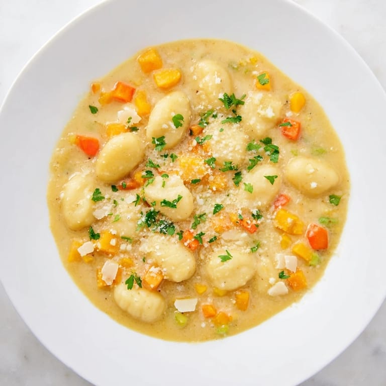 Creamy Savory Butternut Squash Gnocchi Soup with tender squash and fluffy gnocchi, ready to eat.