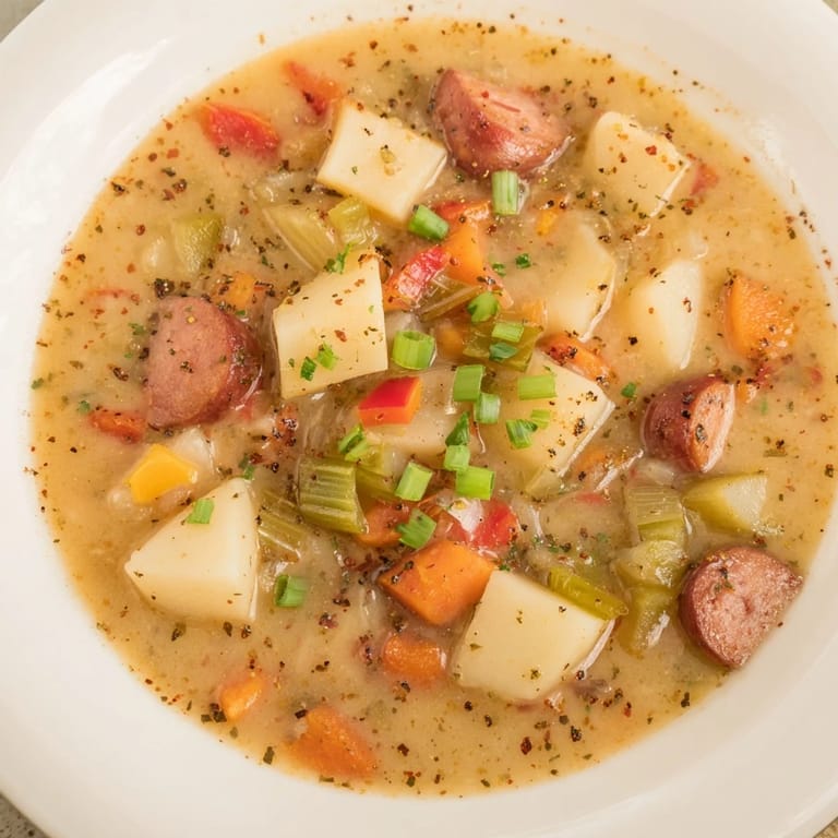 A steamy bowl of Slow Cooker Cajun Potato Soup, garnished with green onions, ready to devour and enjoy.