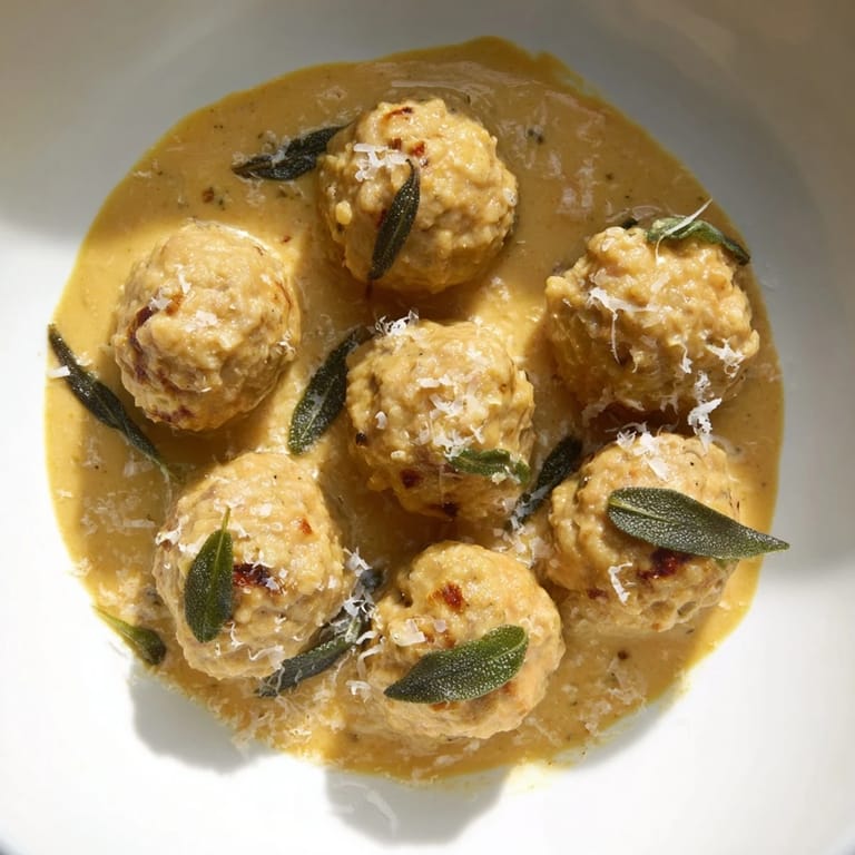 Creamy pumpkin sage sauce coats tender turkey meatballs, garnished with fresh sage leaves.