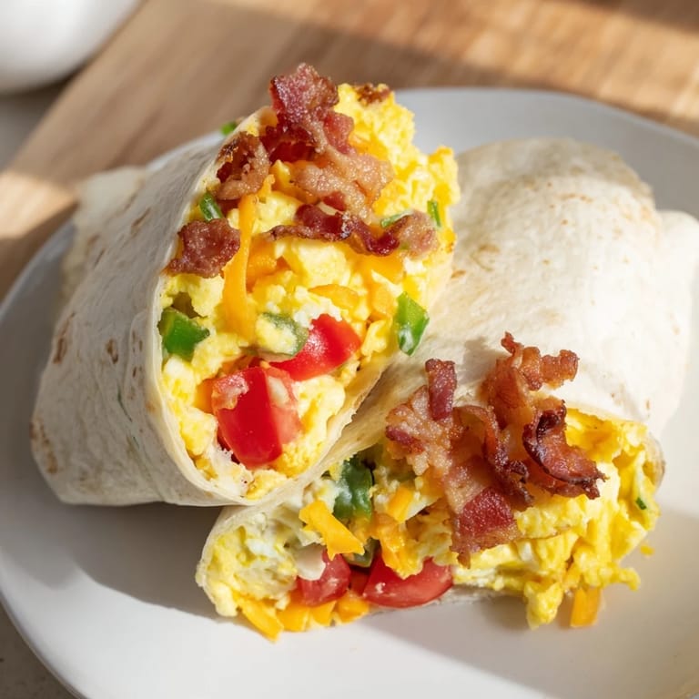 A close-up view of a beautifully assembled Easy Festive Breakfast Burrito Wrap, perfect for a hearty Tex-Mex breakfast.