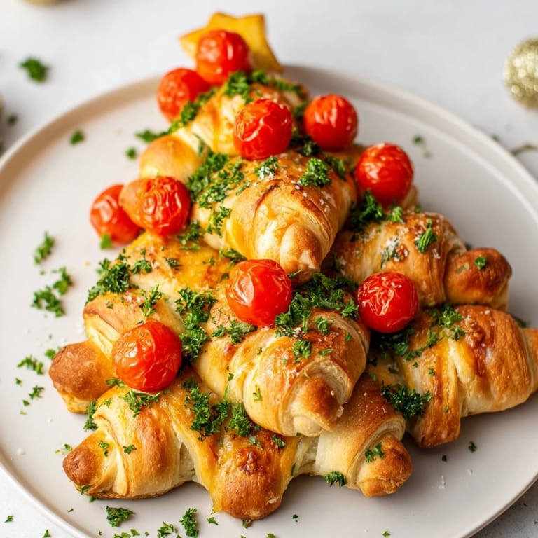 Flaky, cheese-filled Budget Christmas Crescent Roll Trees, arranged on a baking sheet, with vibrant tomato ornaments.