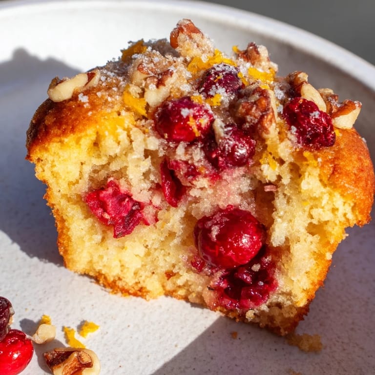 A close-up of light, fluffy Quick Festive Cranberry Orange Muffins showing the tart cranberry filling.