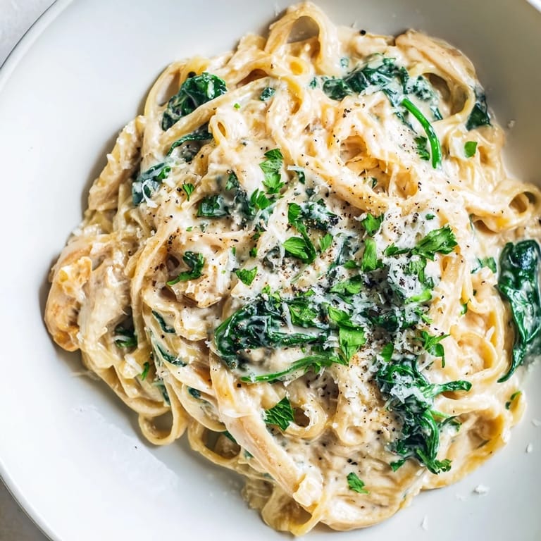 A steaming plate of Creamy Greek Yogurt Spinach Alfredo Pasta, showcasing a luscious, creamy, light sauce and tender noodles.