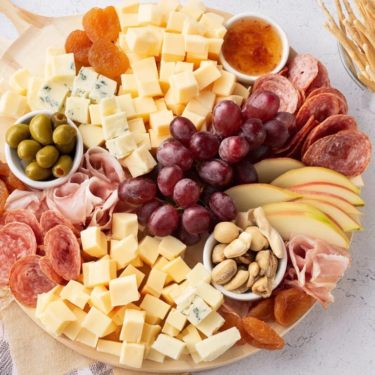 A delectable Moonlight Picnic Board showcasing creamy Brie, savory salami, and sweet grapes, ready to enjoy.