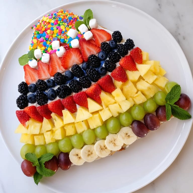 Freshly arranged Happy Birthday Cake Slice Fruit Board with ripe berries and tropical fruits creating a slice.