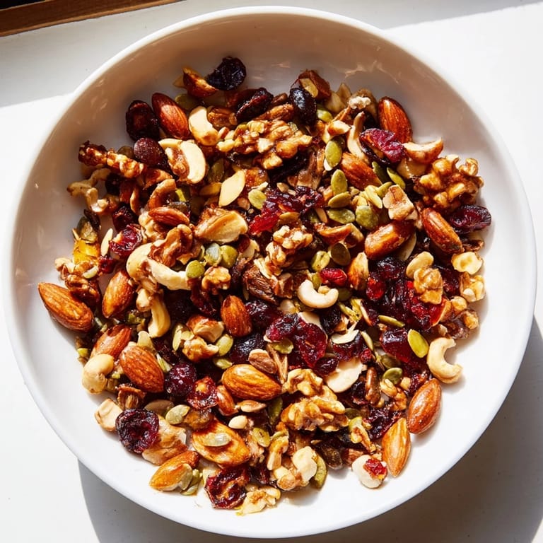 A close-up of a textured Squirrels Gourmet Nut Bowl, with bright cranberries and toasted nuts.