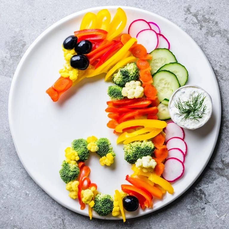Delicious and healthy Seahorse Veggie Dip Platter, perfect for kids, with crisp vegetables and flavorful dip.