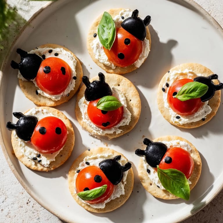 Vibrant Garden Snacks: Ladybug Tomato & Olive Bites with basil, a fun, kid-friendly snack.