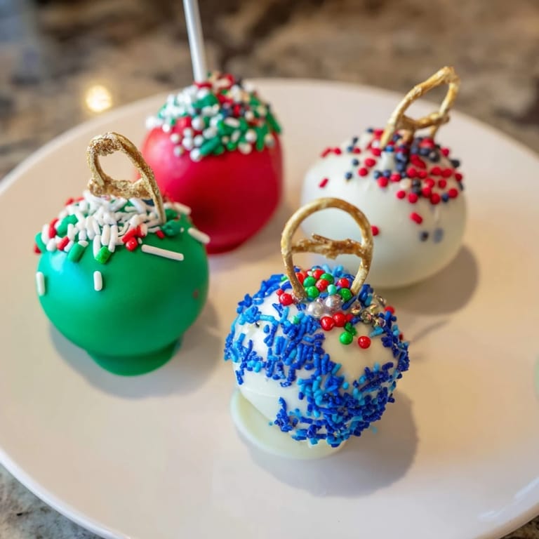 Vibrant Ornament Ball Cake Pops coated in colorful candy melt coatings and sprinkled with festive decorations.