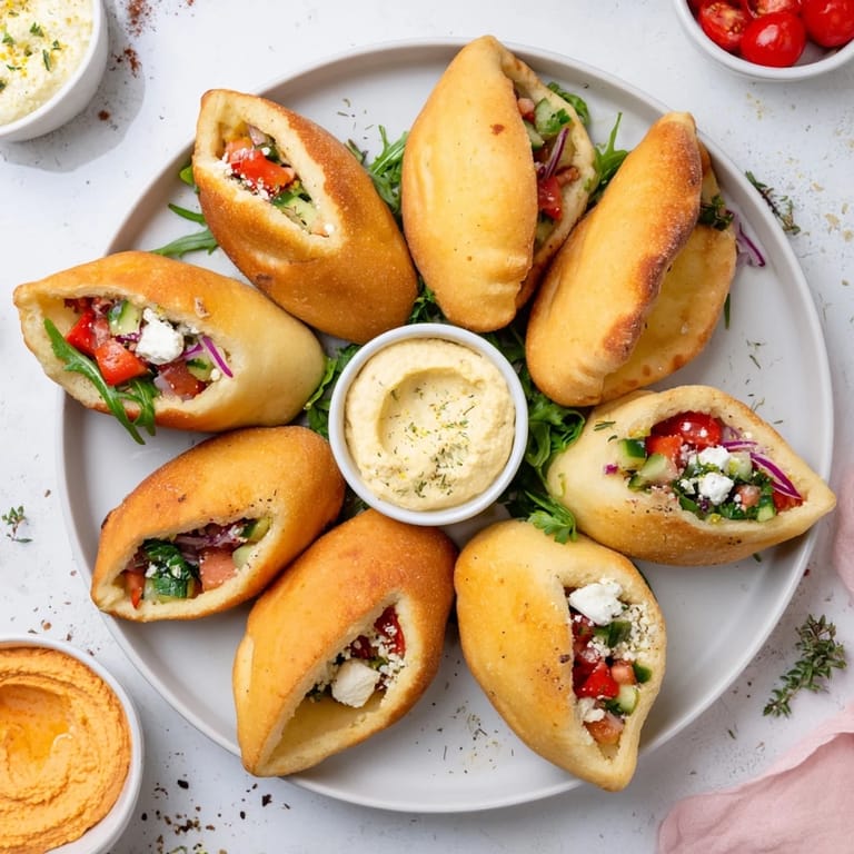 A tempting view: warm pita pockets with fresh filling options beside hummus bowls on a Mediterranean board.