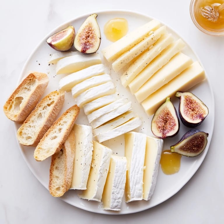 A close-up of a French Bistro Elegance spread showcasing artisan cheeses, ripe figs, and crusty bread.