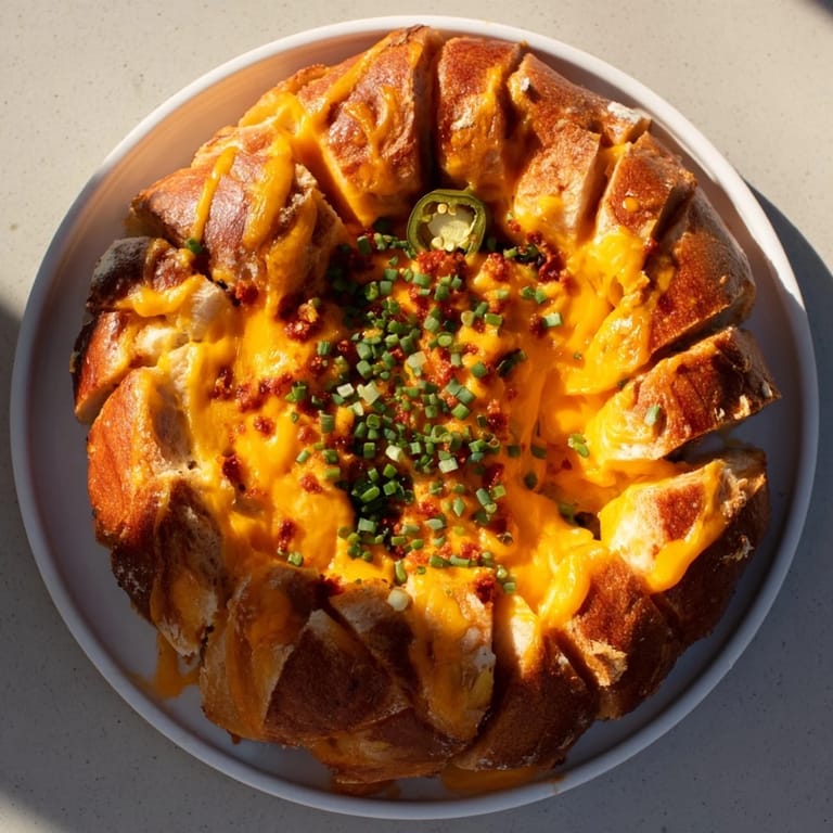A close-up of a bubbly pimento cheese & jalapeño pull-apart grilled cheese showing the golden, crusty bread.