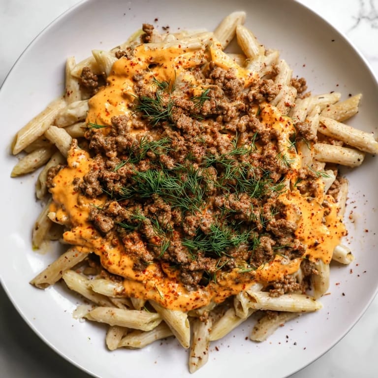 Close-up of Turkish Pasta with Ground Turkey: a delicious meal showcasing the textured pasta and flavorful sauce.