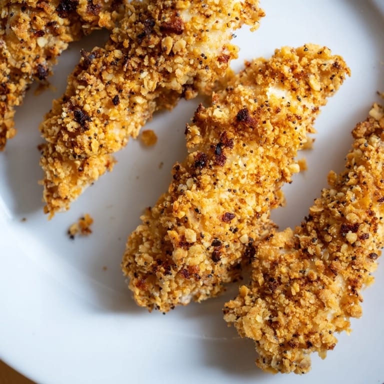 Enjoy a plate of flavorful Onion Chip Chicken Tenders, promising a kid-friendly dinner with tasty textures.