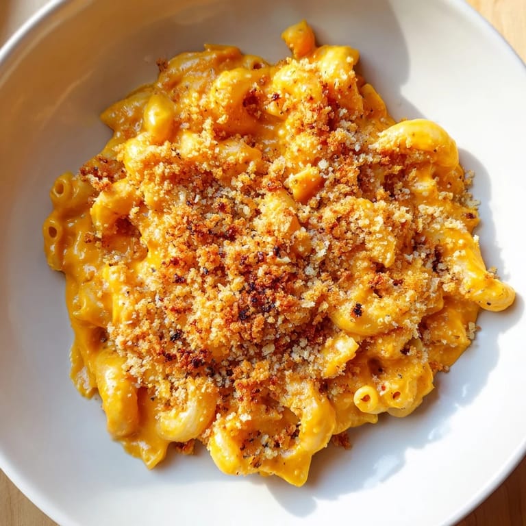 Homemade Butternut Squash Mac with a crispy breadcrumb topping, perfect for a cozy meal.