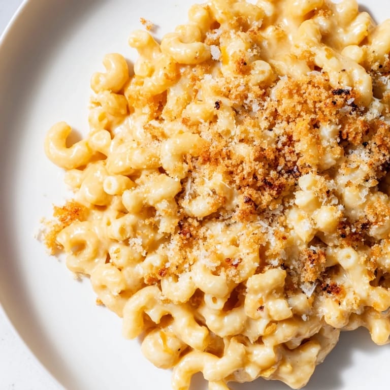 A steaming bowl of Butternut Squash Mac with melted cheese and tender, roasted squash visible.