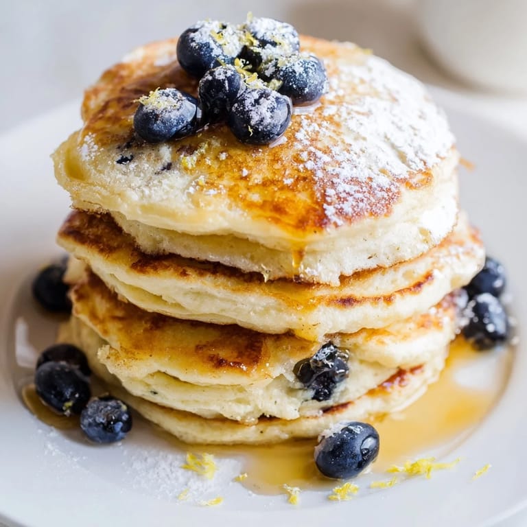 Stack of delectable lemon ricotta pancakes, served with optional maple syrup for a perfect breakfast.