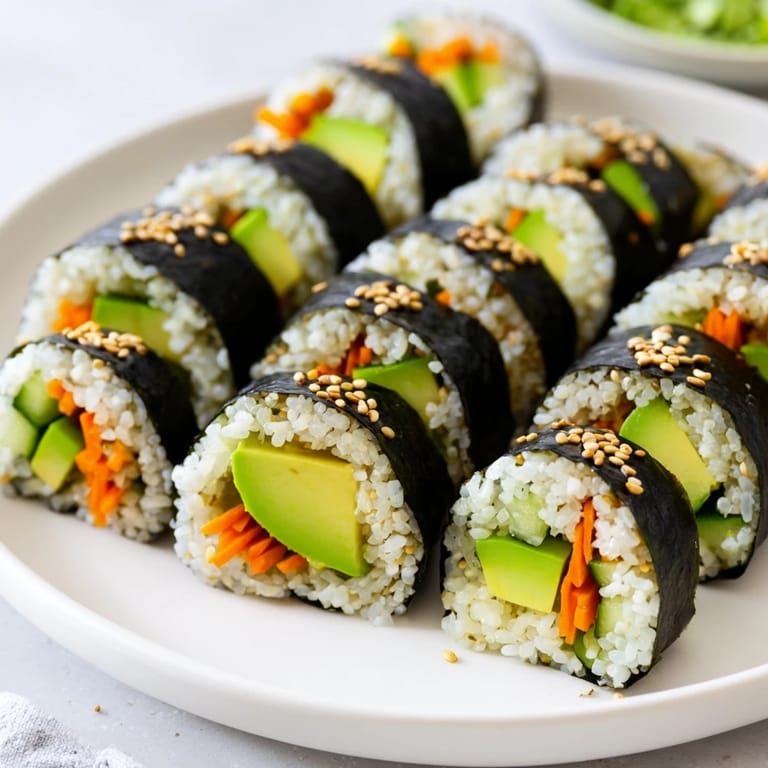 Close-up of freshly made Avocado Cucumber Sushi, displaying creamy avocado slices alongside crisp cucumber.