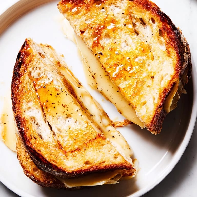 A close-up of a perfectly grilled Truffle Oil Grilled Cheese, ready for a delicious first bite.