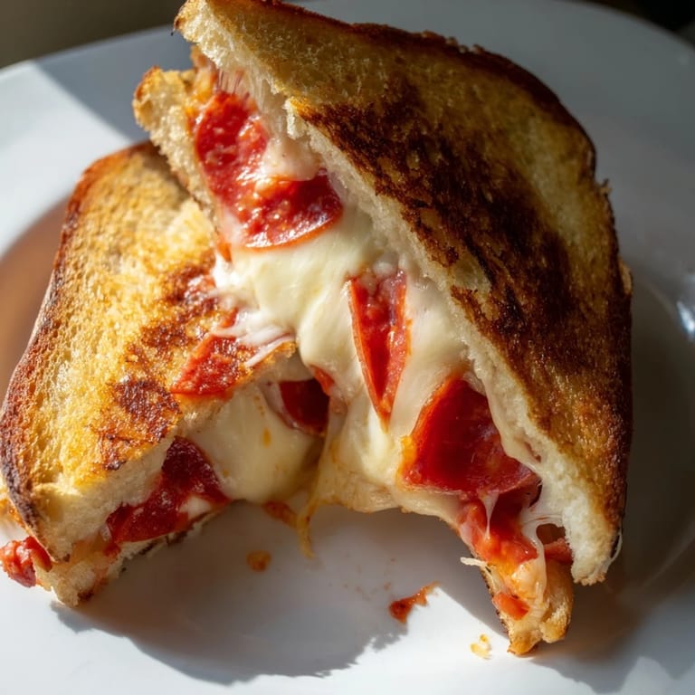 Crispy pepperoni and marinara sauce layered inside a delicious Pizza Grilled Cheese, served hot.