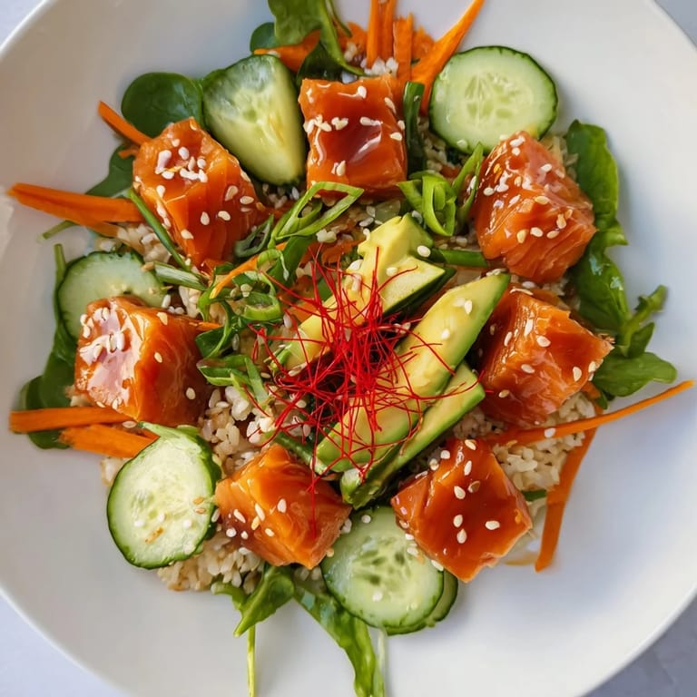 Enjoy a refreshing Poke Bowl Salad, featuring ahi tuna, greens, and a drizzle of dressing.
