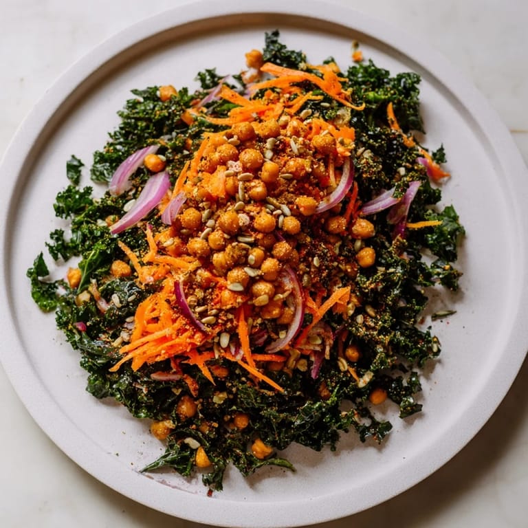 Golden-brown roasted chickpeas add a tasty crunch to this healthy Kale Salad with fresh ingredients.