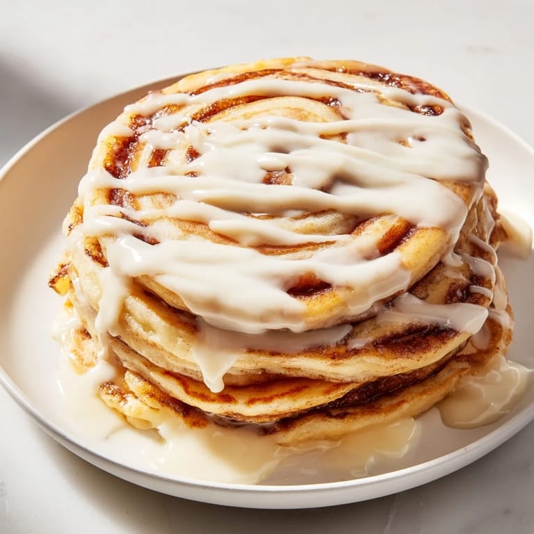 Warm and golden Cinnamon Roll Pancakes with a swirl of cinnamon, ready to be enjoyed.