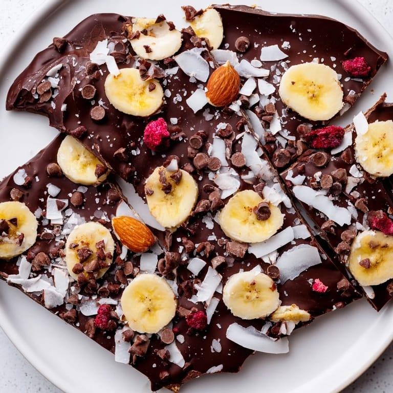 Close-up of Chocolate Banana Bark, showing layers of chocolate, banana, and colorful toppings.