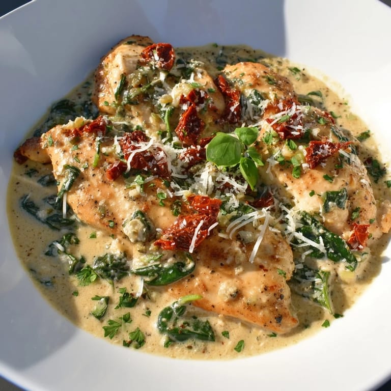 This comforting Creamy Tuscan Chicken dinner shows chicken in a luscious, sun-dried tomato sauce.