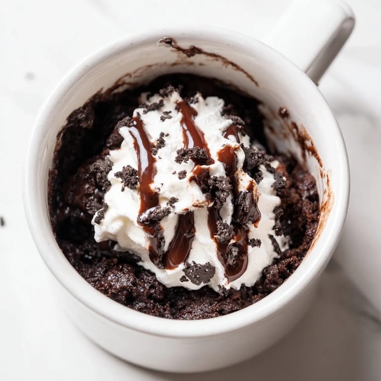 A warm, single-serving Oreo mug cake with melting chocolate chips, perfect for a treat.