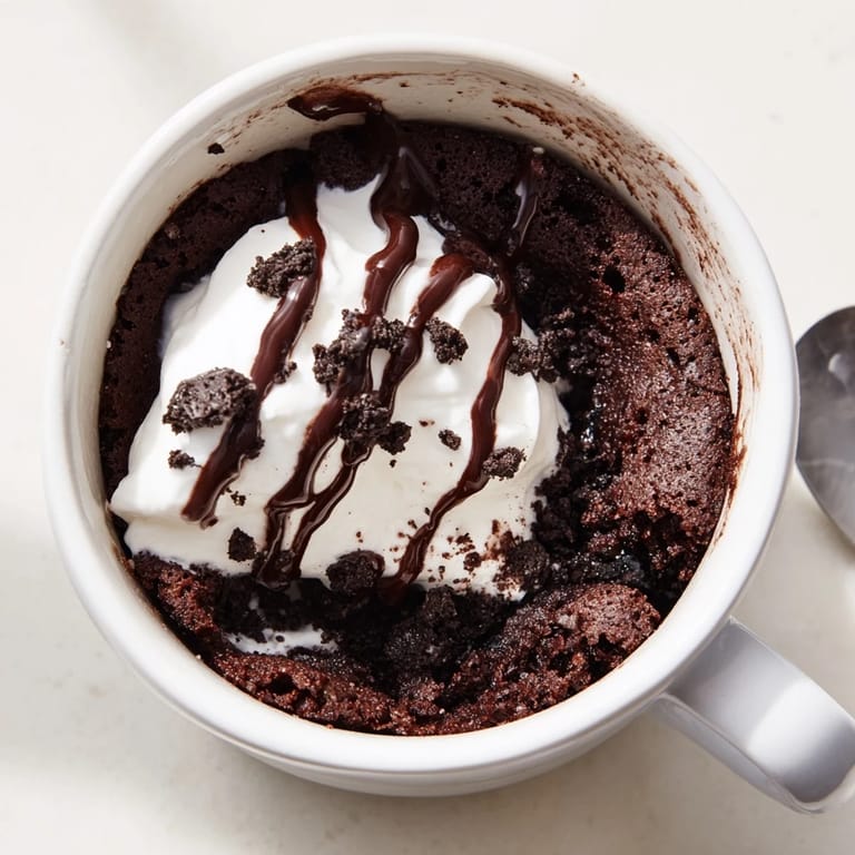 Fluffy and golden, this easy Oreo mug cake appears perfect with some cookie crumbles.