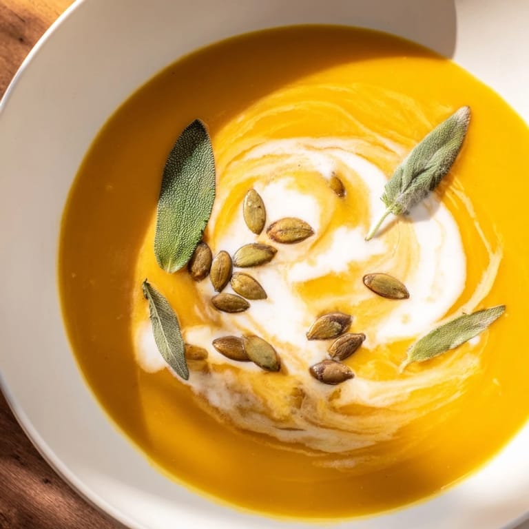 A steaming bowl of vibrant butternut squash soup, perfectly seasoned, ready for a comforting meal.