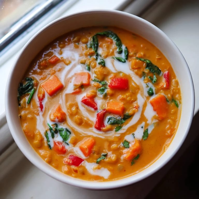 A close-up of a bowl of spicy Lentil Red Curry Soup, inviting smells of ginger and coconut milk.