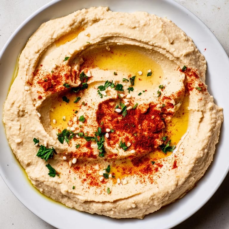 A vibrant close-up of Levantine hummus, its smooth texture topped with fresh parsley and a drizzle of olive oil.