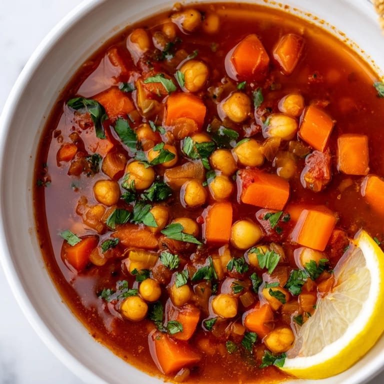 Close-up photo of the rich, red hue of North African Harira Soup, ideal for a comforting vegetarian meal.