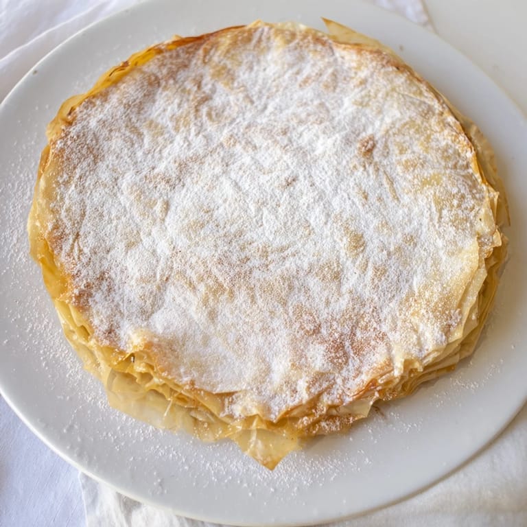 A close-up view of the beautiful layers of phyllo pastry encasing the delicious Moroccan Pastilla Pie.