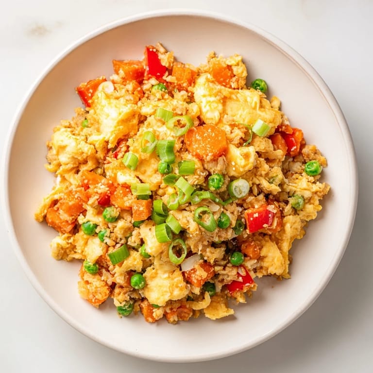 This vibrant photo showcases perfectly cooked Egg Fried Rice, a quick and satisfying dinner with fresh scallions.