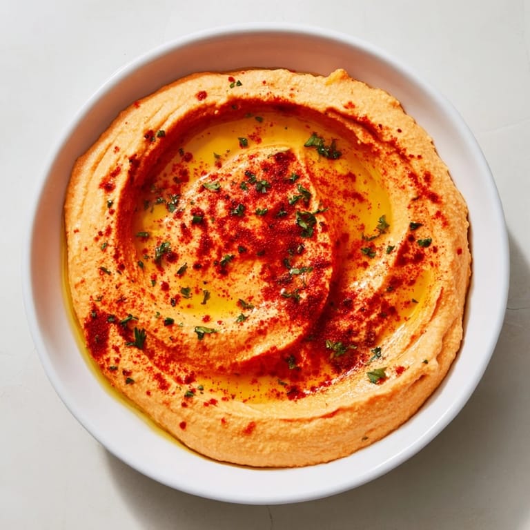 Delicious vegan Roasted Red Pepper Hummus with a slightly sweet and smoky flavor profile, great appetizer.